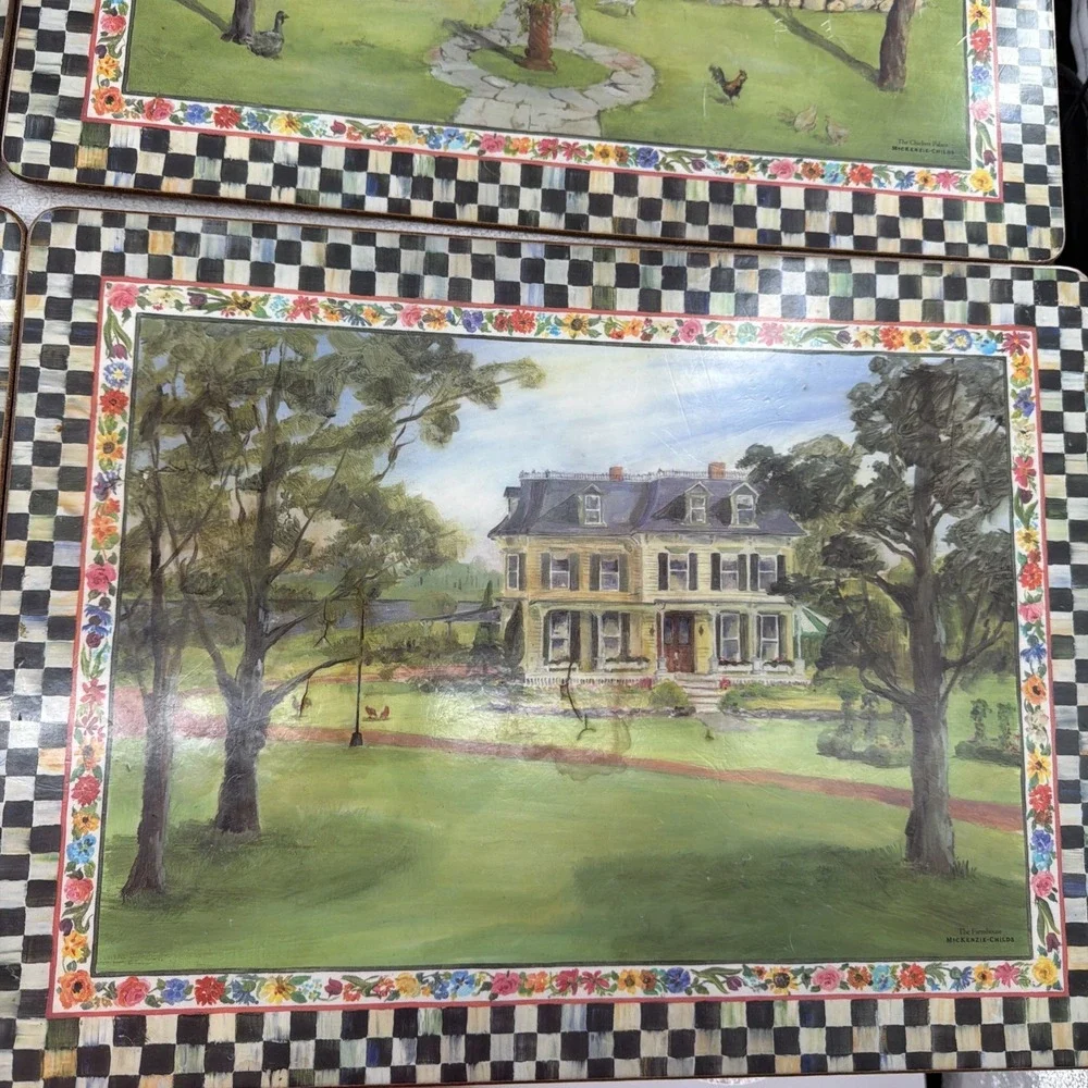 RARE MacKenzie  Childs Check Aurora Cork board Placemats Set  4 FARM 1980's-90's
